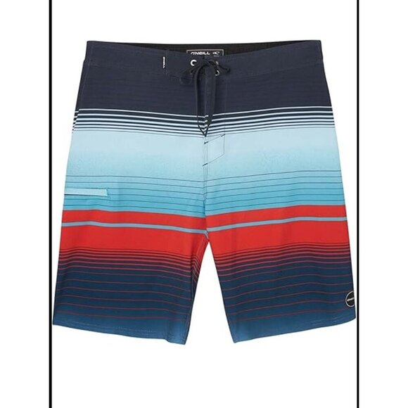 ONeill Hyperfreak Mens Boardshorts Blue Red Striped Size 28 Lightweight Quick-Dr - Picture 1 of 6